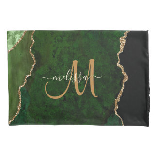 Chic Green Gold Glitter Agate Custom Monogram Pillowcase