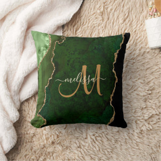 Chic Green Gold Glitter Agate Custom Monogram Throw Pillow