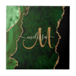 Chic Green Gold Glitter Agate Custom Monogram Tile<br><div class="desc">This elegant personalized decorative tile features chic green agate accented with faux gold glitter. Personalize your monogram initial in hand lettered script with your name above. A unique girly gift for birthday,  holidays and any special occasion. Designed just for you by Extreme Tees!</div>