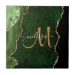 Chic Green Gold Glitter Agate Custom Monogram Tile<br><div class="desc">This elegant personalized decorative tile features chic green agate accented with faux gold glitter. Personalize your monogram initial in hand lettered script with your name above. A unique girly gift for birthday,  holidays and any special occasion. Designed just for you by Extreme Tees!</div>