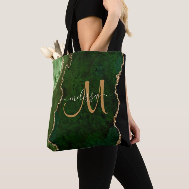 Chic Green Gold Glitter Agate Custom Monogram Tote Bag (Close Up)