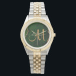 Chic Green Gold Glitter Agate Custom Monogram Watch<br><div class="desc">This chic custom monogrammed watch features a modern green agate background accented with faux gold glitter. Personalize your monogram initial in hand lettered gold script calligraphy with your name above. A unique girly gift for birthday,  holidays and any special occasion. Designed just for you by Extreme Tees!</div>