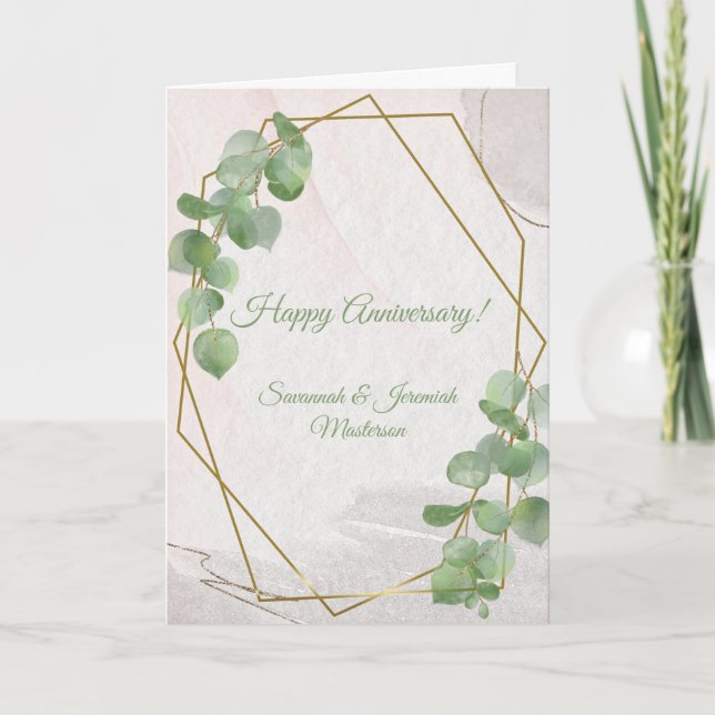 Chic Green Gold Greenery Customizable Anniversary Card (Front)