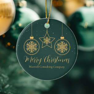 Chic Green Gold Merry Christmas Custom Company Ceramic Ornament