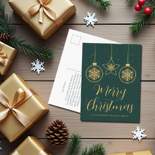 Chic Green Gold Ornaments Custom Company Holiday Postcard