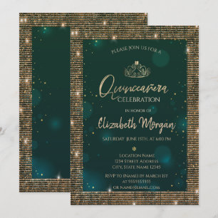 Chic Green Gold Tiara,Sequins Green Quinceañera Invitation