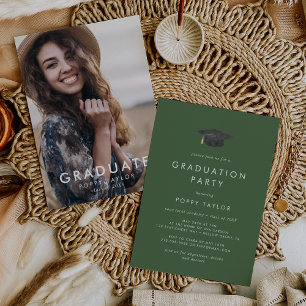 Chic Green Grad Cap Photo Graduation Party Invitation