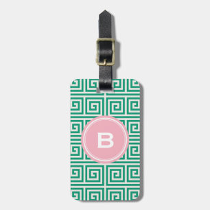 Chic green greek key geometric patterns monogram luggage tag