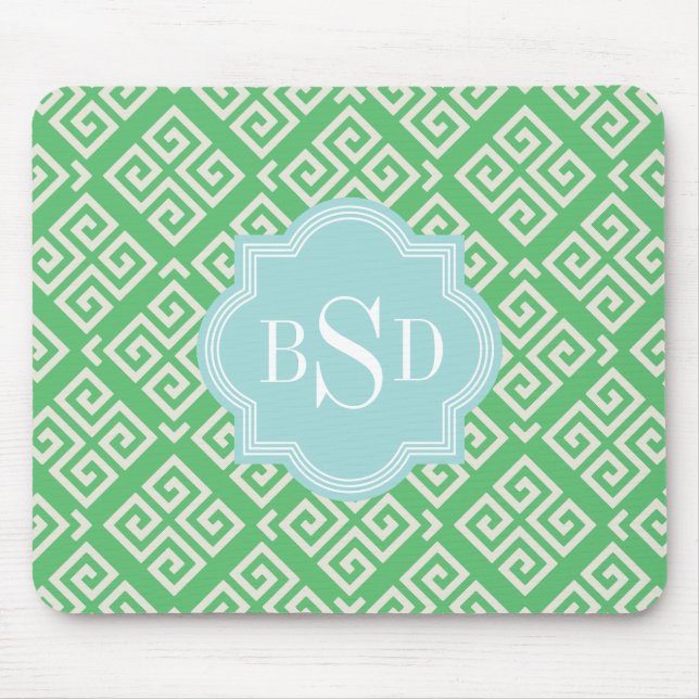 Chic green greek key geometric patterns monogram mouse pad (Front)