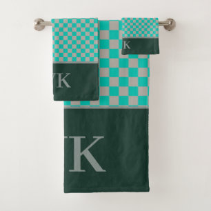Chic Green & Grey Chequerboard Spa Monogram Bath Towel Set