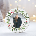 Chic Green Holly Christmas Wreath 2 Sided Photo Ceramic Ornament<br><div class="desc">This gorgeous olive green with holly berry Christmas wreath encircles your holiday photo inside of a circle. A chic 2 sided Christmas ornament keepsake for a modern couple. Botanical leaves spring out of the beautiful photograph. Add a 2nd picture on the back.</div>