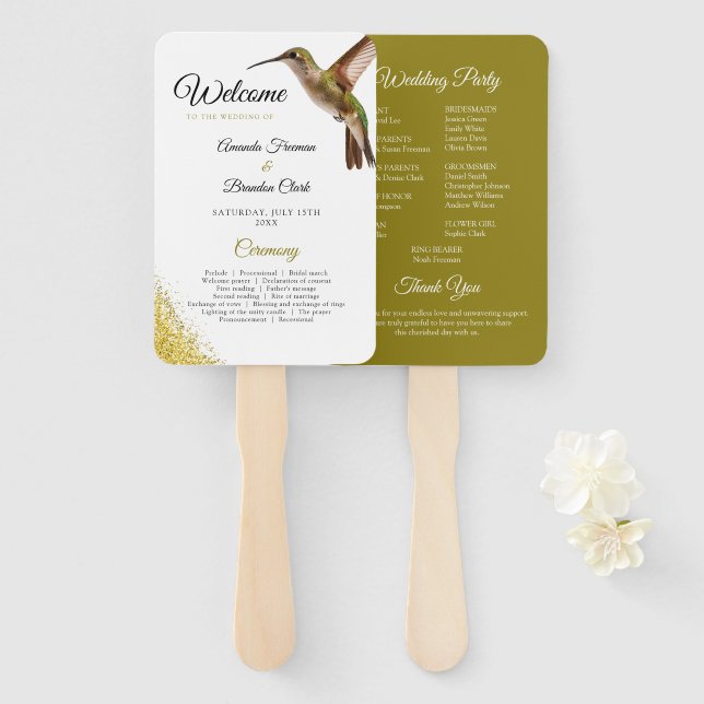 Chic Green Hummingbird and Gold Dust Wedding Hand Fan (Front and Back)