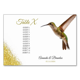 Chic Green Hummingbird and Gold Dust Wedding Table Number