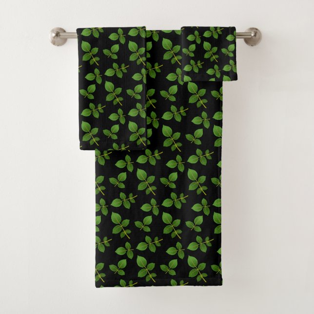 Chic Green Leaves on Black Bath Towel Set (Insitu)