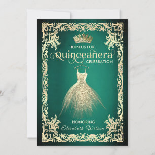 Chic green luxury gold dress tiara Quinceañera   I Invitation
