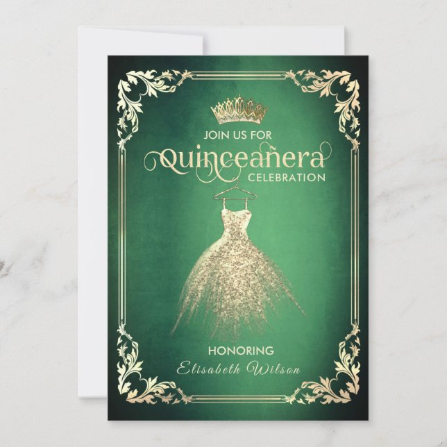 Chic green luxury gold dress tiara Quinceañera   I Invitation (Front)