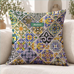 Chic Green Mediterranean Sicilian Tile Pattern Throw Pillow