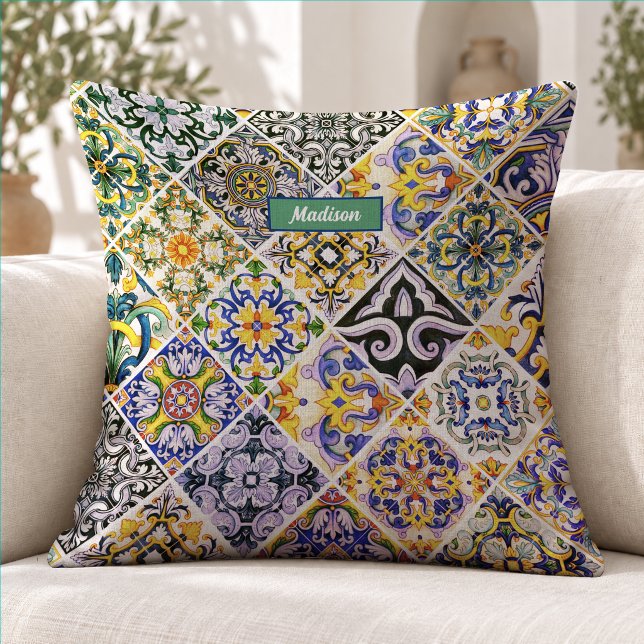 Chic Green Mediterranean Sicilian Tile Pattern Throw Pillow (Creator Uploaded)