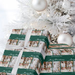 Chic Green Merry Christmas Photo Collage Wrapping Paper<br><div class="desc">Chic emerald green Merry Christmas wrapping paper with elegant handwritten scrawl above your family photo collage of your 5 favorite 2025 pictures. Traditional Christmas gift wrap featuring five photographs and custom white typography.</div>
