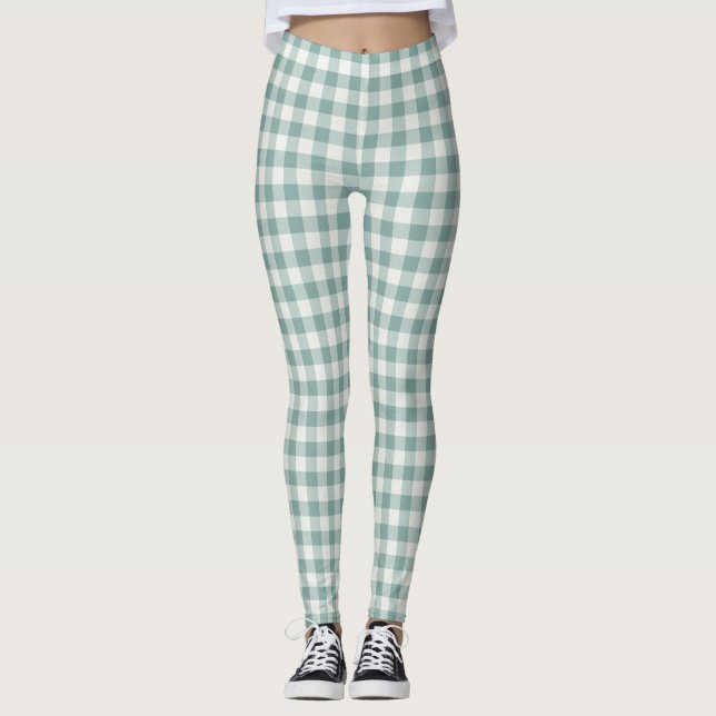 Chic Green Mint White Gingham Stripes Leggings (Front)