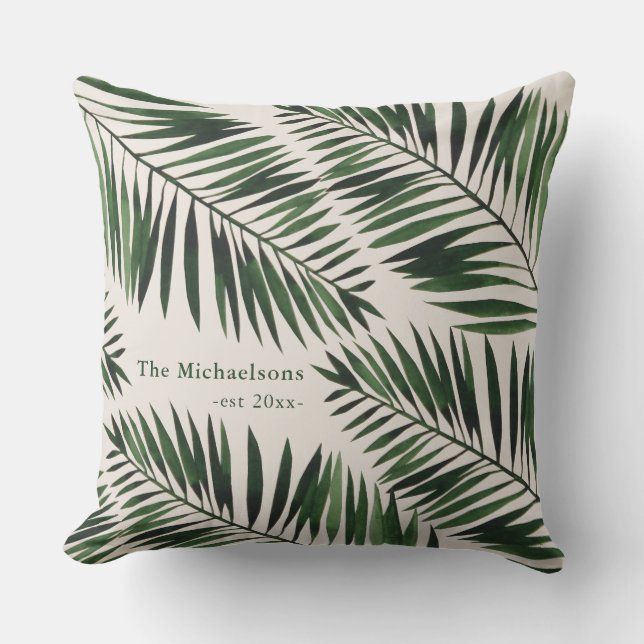 Chic Green Palm Leaves on Natural Colour Outdoor Pillow (Front)