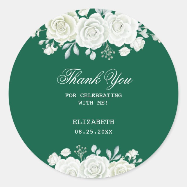 Chic Green Pastel White Rose Greenery Birthday Classic Round Sticker (Front)
