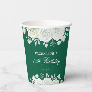 Chic Green Pastel White Rose Greenery Birthday Paper Cups