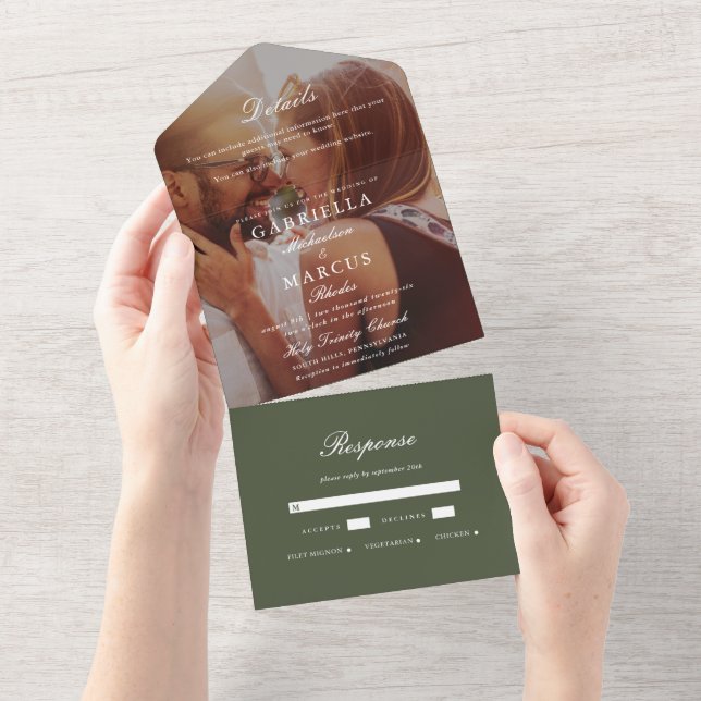 Chic Green Photo Wedding All In One Invitation (Tearaway)