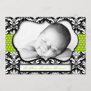 Chic Green Polka Dot Damask Birth Announcement