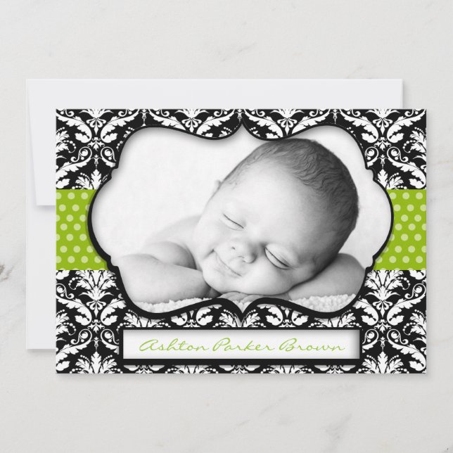 Chic Green Polka Dot Damask Faire-part de naissanc (Devant)
