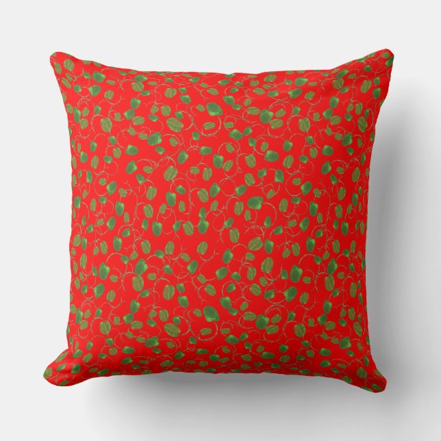 Chic Green Poppy Buds Pattern on Bright Red Throw Pillow (Front)