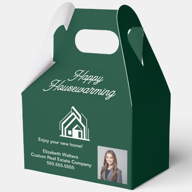 Chic Green Real Estate Agent Photo Housewarming Favor Box (Front)