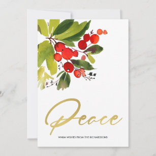CHIC GREEN RED BERRIES WATERCOLOR CHRISTMAS PEACE HOLIDAY CARD
