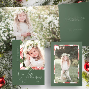 Chic Green/Red Christmas Plaid Border Photo Tri-Fold Card