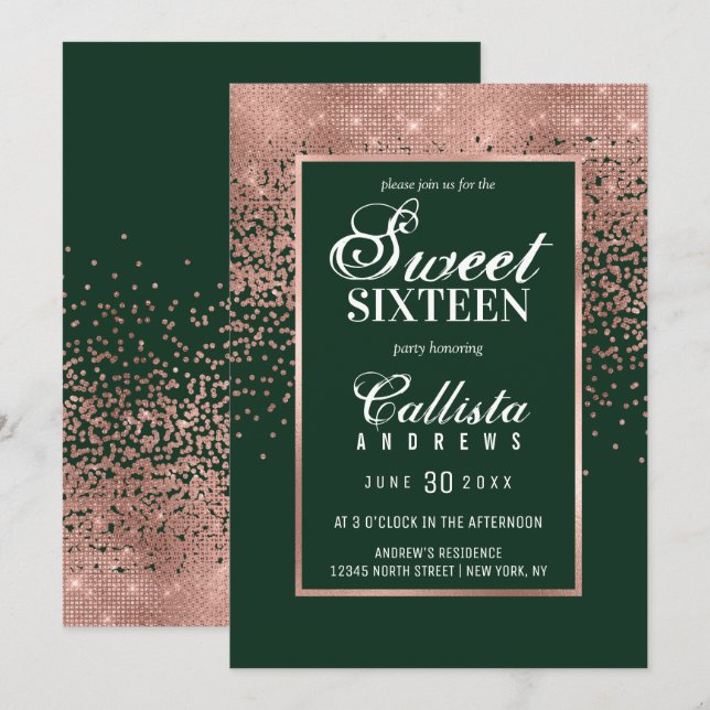 Chic Green Rose Gold Glitter Confetti Sweet 16 Invitation (Front/Back)