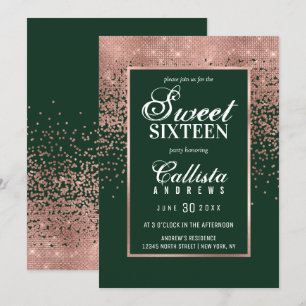 Chic Green Rose Gold Glitter Confetti Sweet 16 Invitation