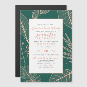 Chic Green Rose Gold Leaves Botanical Graduation Magnetic Invitation
