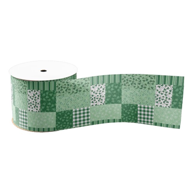 Chic Green Shamrocks Faux Patchwork Ribbon Grosgrain Ribbon (Spool)