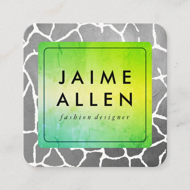 Chic Green texture Grey Pattern Square Business Card (Front)