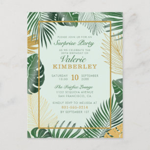 Chic Green Tropical Leaves Modern Surprise Party Invitation Postcard