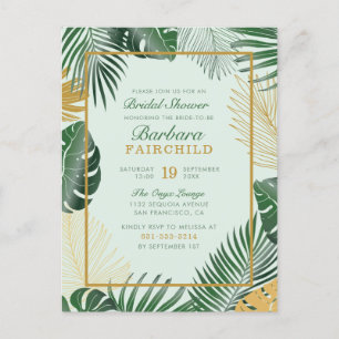 Chic Green Tropical Leaves Trendy Bridal Shower Invitation Postcard