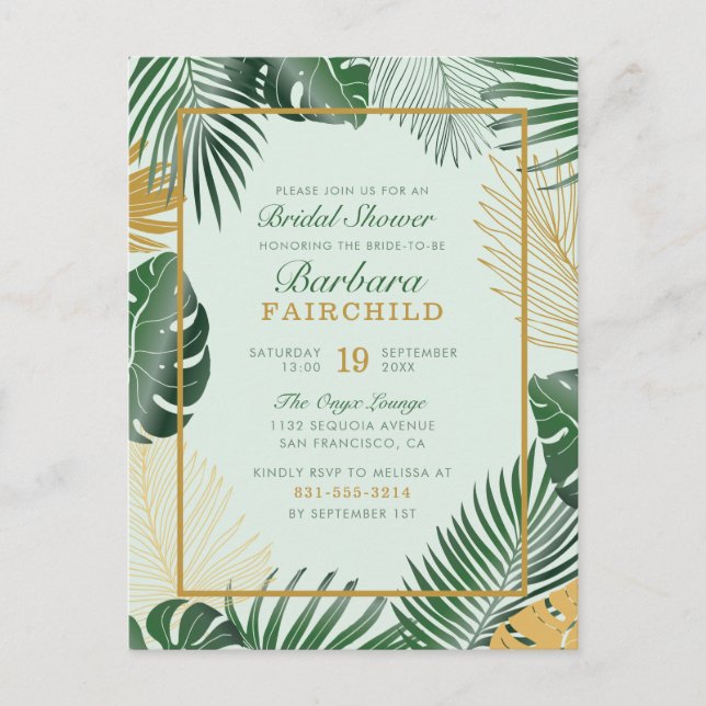 Chic Green Tropical Leaves Trendy Bridal Shower Invitation Postcard (Front)