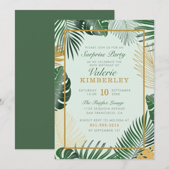 Chic Green Tropical Leaves Trendy Surprise Party Invitation (Front/Back)