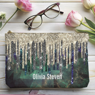 Chic green turquoise gold glitter drips monogram accessory pouch