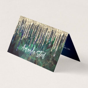 Chic green turquoise gold glitter drips monogram business card