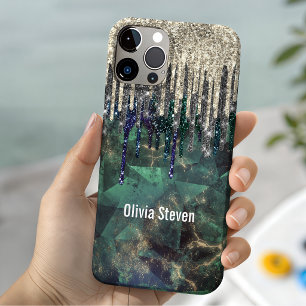 Chic green turquoise gold glitter drips monogram iPhone 11 pro case