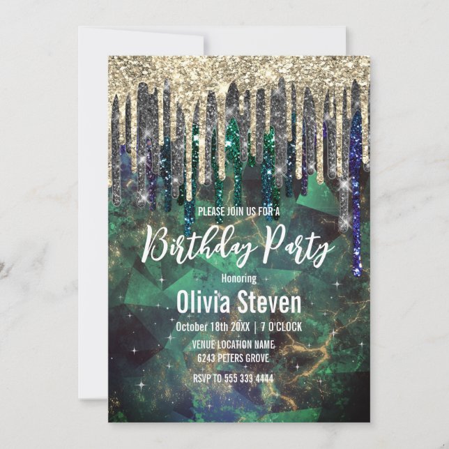 Chic green turquoise gold glitter drips monogram invitation (Front)