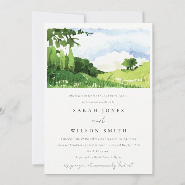 Chic Green Watercolor Countryside Hills Engagement Invitation (Front)