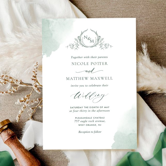 Chic Green Watercolor Stains, Monogram Wedding Invitation (Creator Uploaded)
