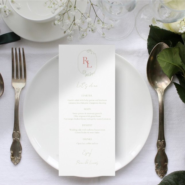 Chic Green & White Floral Monogram Wedding Menu (Creator Uploaded)
